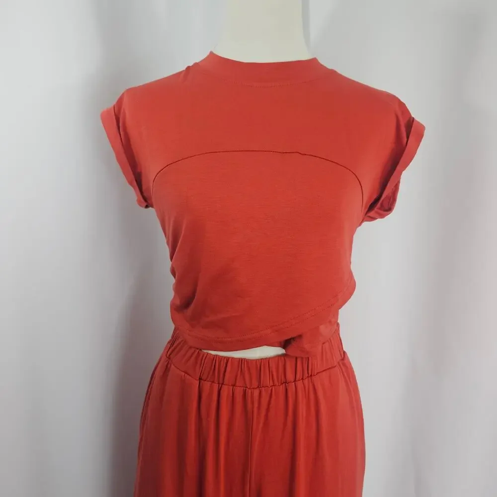 Cupshe Rust Orange Jersey Wide Leg Pants & Cropped Wrap Top Women's Size S NWT - Picture 3 of 16